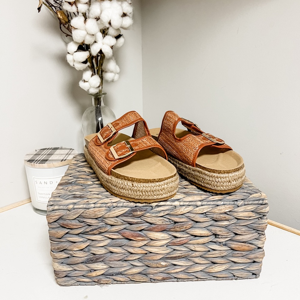 Brown Raffia Woven Two Strap Platform Espadrille Platform Sandals Size 8.5